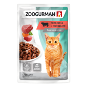Зоогурман пауч для взрослых кошек с говядиной. Подходит для стерилизованных кошек. Поддержка функции почек. Кусочки в соусе, 85 г