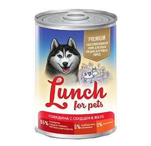 Lunch For Pets Консервы для собак говядина с сердцем, кусочки в желе для собак, 850 г